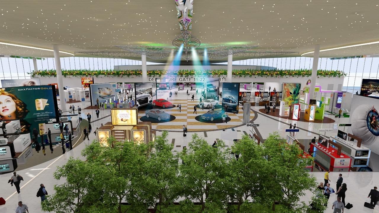 Rendering of an airport terminal departures hall with retail units and planting